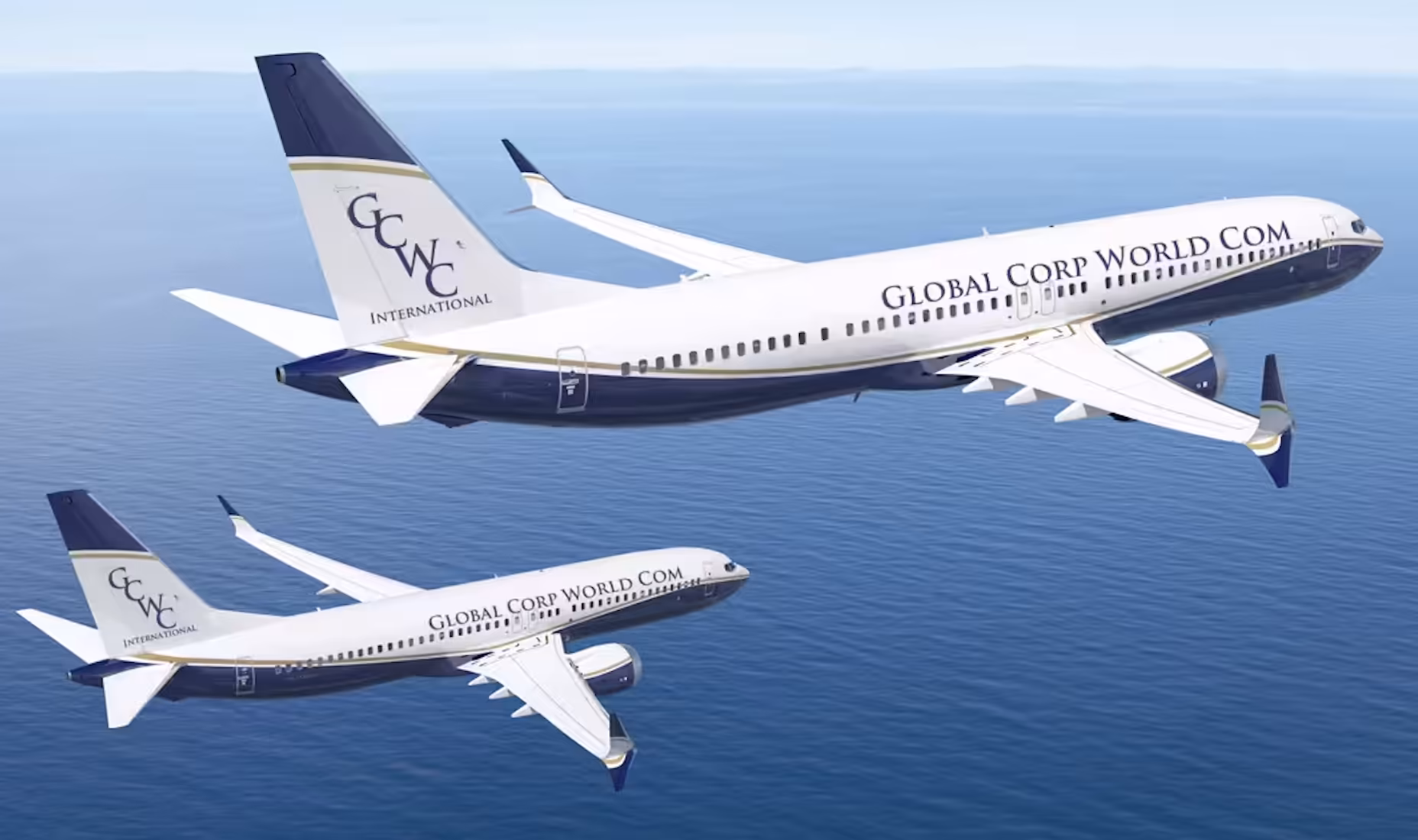 Corporate jets brandishing the logo of Global Corp World Com International